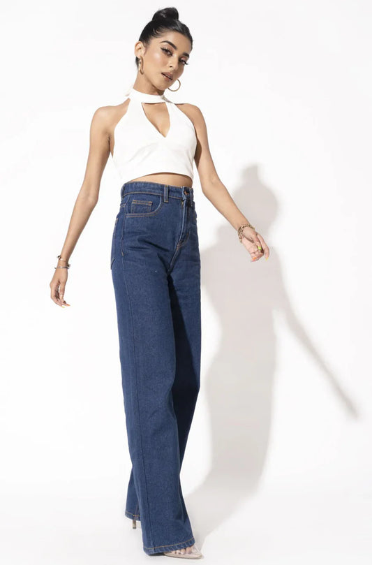 Dark Blue Wide Leg High Rise Jeans