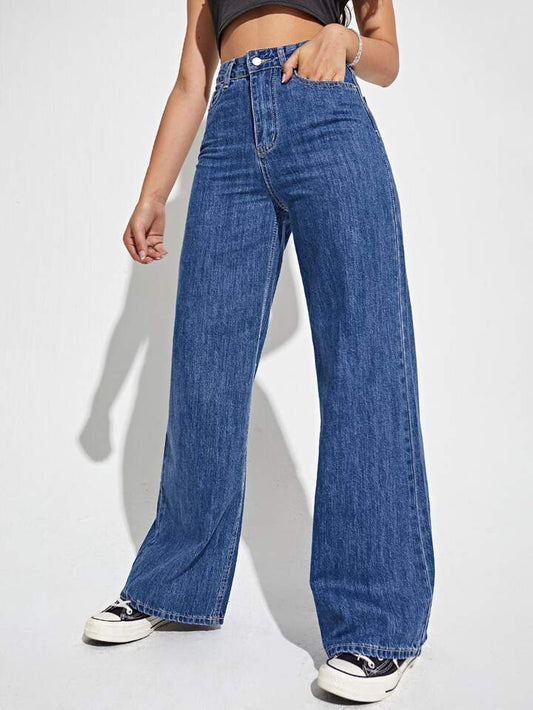 Dark Blue Slant Pocket High Waist Denim (Wide Leg)