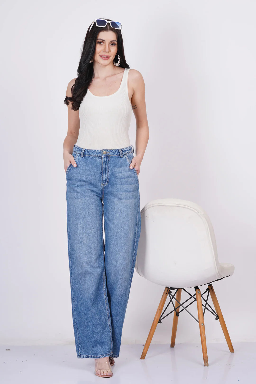 Whisker Mid Blue Denim( Wide Leg)