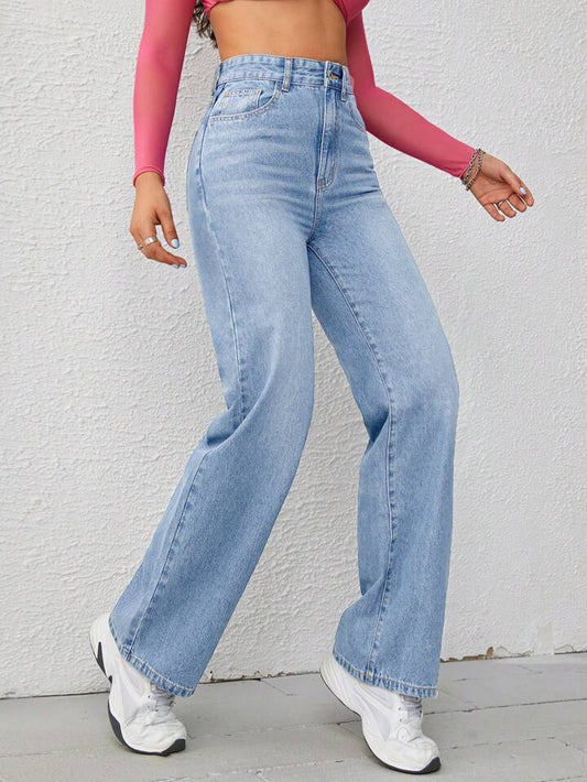 Ice Blue Whisker High Waist Jeans (Wide Leg)