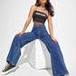 Dark Blue Slant Pocket High Waist Denim (Wide Leg)