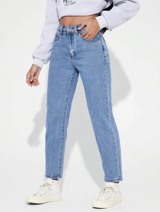 Ice Blue High Waist Mom Fit Denim (Premium Quality)