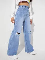 Knee Cut Light Blue Denim( Wide Leg)