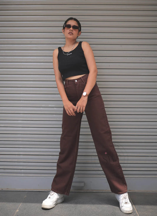 Brown High Waist Straight Fit Denim