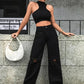 Black Knee Cut High Waist Denim (Wide Leg)