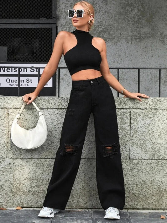 Black Knee Cut High Waist Denim (Wide Leg)