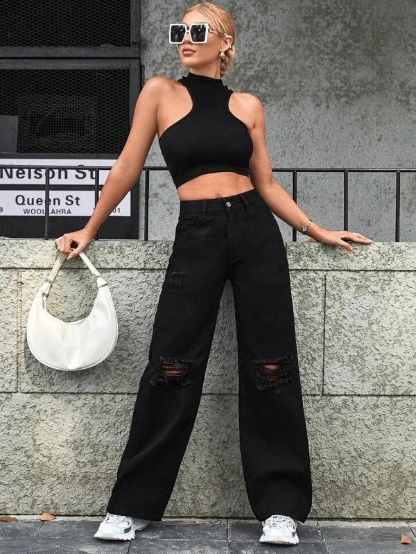 Black Knee Cut High Waist Denim (Straight Fit)