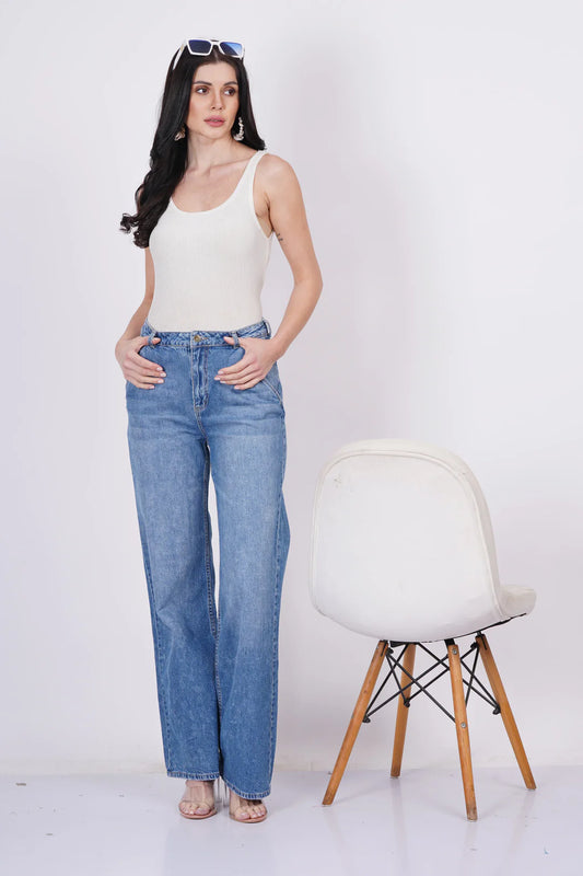 Whisker Mid Blue Denim( Wide Leg)