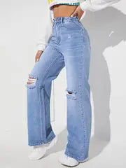 Knee Cut Light Blue Denim( Wide Leg)