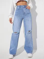 Knee Cut Light Blue Denim( Wide Leg)