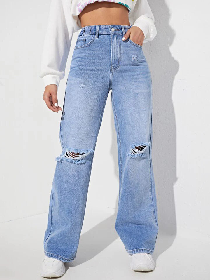 Knee Cut Light Blue Denim ( Straight Fit)