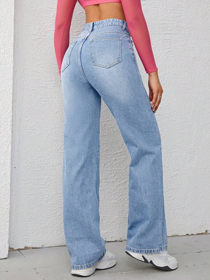 Ice Blue Whisker High Waist Jeans (Wide Leg)