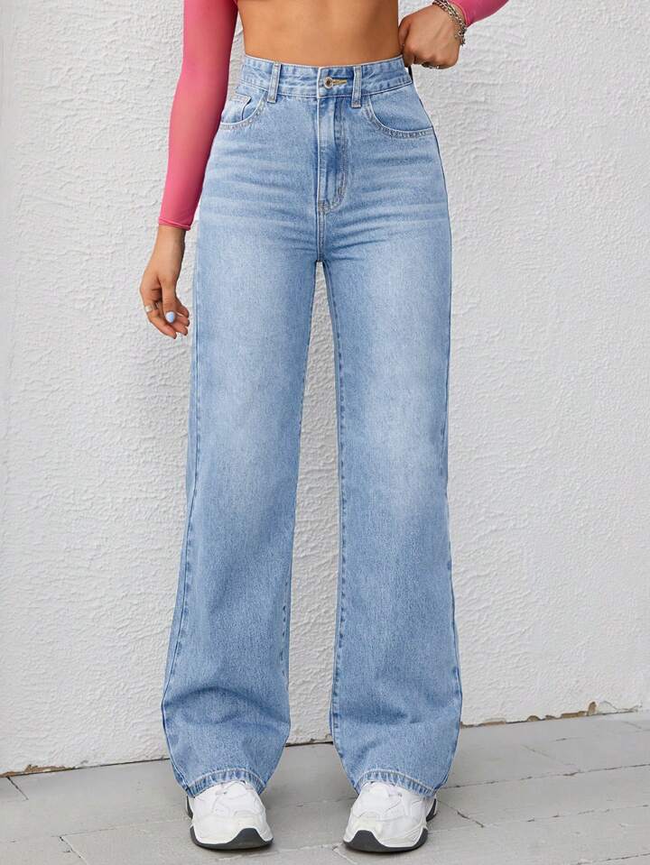 Ice Blue Whisker High Waist Jeans (Wide Leg)