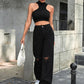 Black Knee Cut High Waist Denim (Wide Leg)