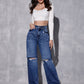 Dark Blue High Waist Ripped Jeans (Straight Fit)