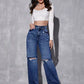 Dark Blue High Waist Ripped Jeans (Wide Leg)