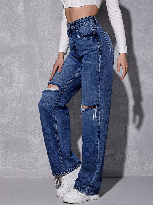 Dark Blue High Waist Ripped Jeans (Straight Fit)