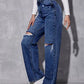 Dark Blue High Waist Ripped Jeans (Wide Leg)