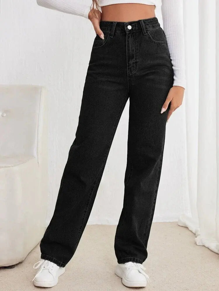 Highwaist Black Straight Fit Denim (Wide Leg)