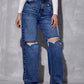 Dark Blue High Waist Ripped Jeans (Wide Leg)