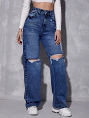 Dark Blue High Waist Ripped Jeans (Wide Leg)