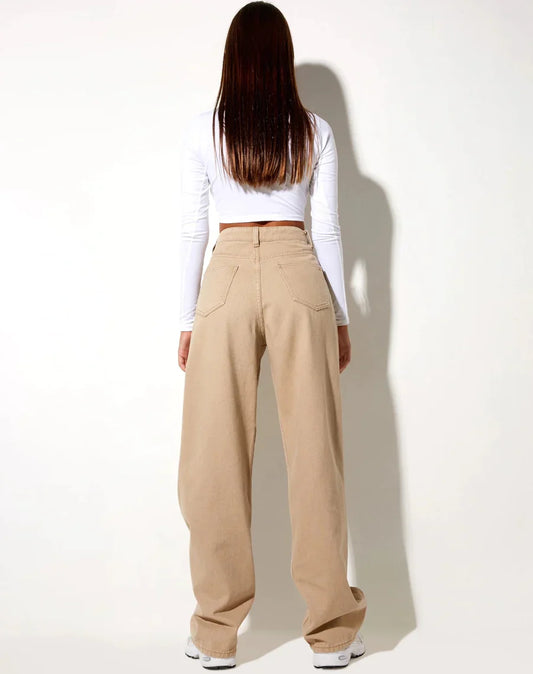 Beige Straight Fit High Waist Jeans