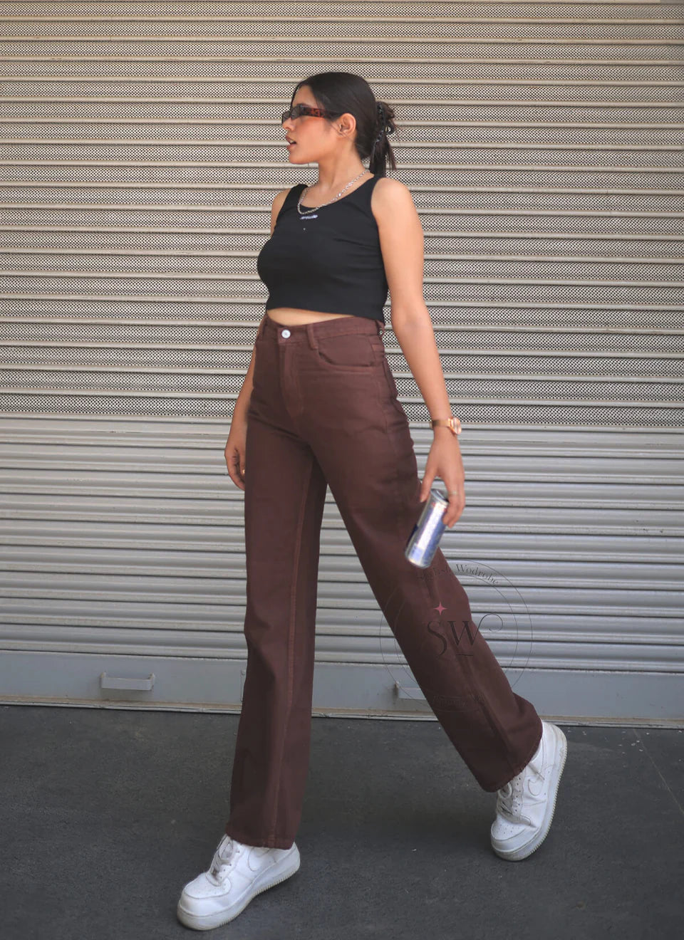 Brown High Waist Straight Fit Denim