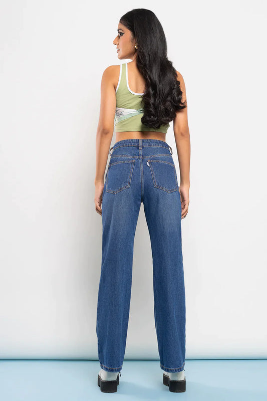 Ripped High Waist Blue Denim( Wide Log)