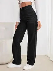 Highwaist Black Straight Fit Denim (Wide Leg)