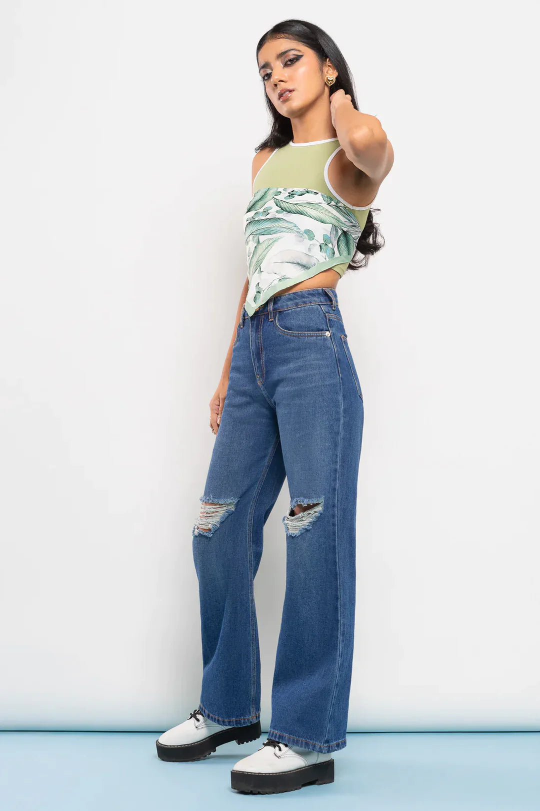 Ripped High Waist Blue Denim( Wide Log)