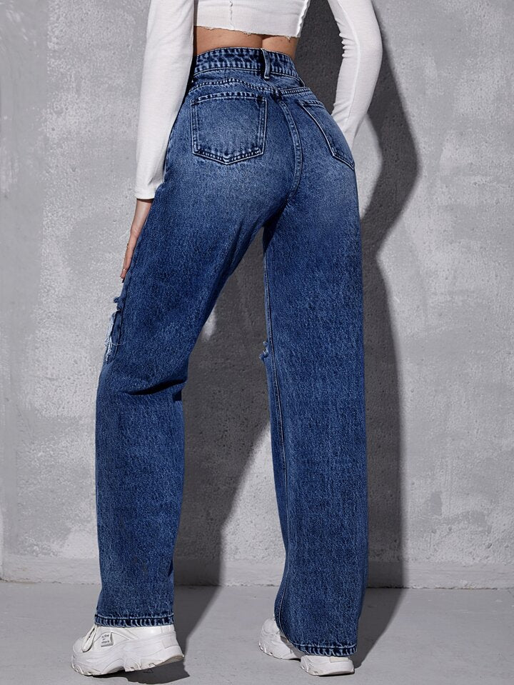 Dark Blue High Waist Ripped Jeans (Straight Fit)