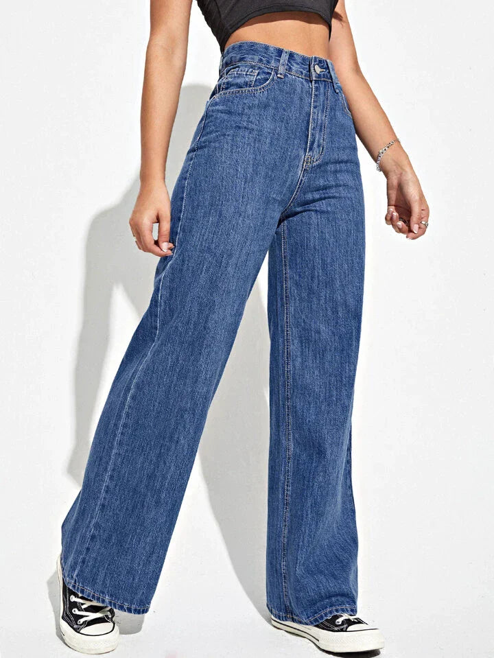 Dark Blue Slant Pocket High Waist Denim (Wide Leg)