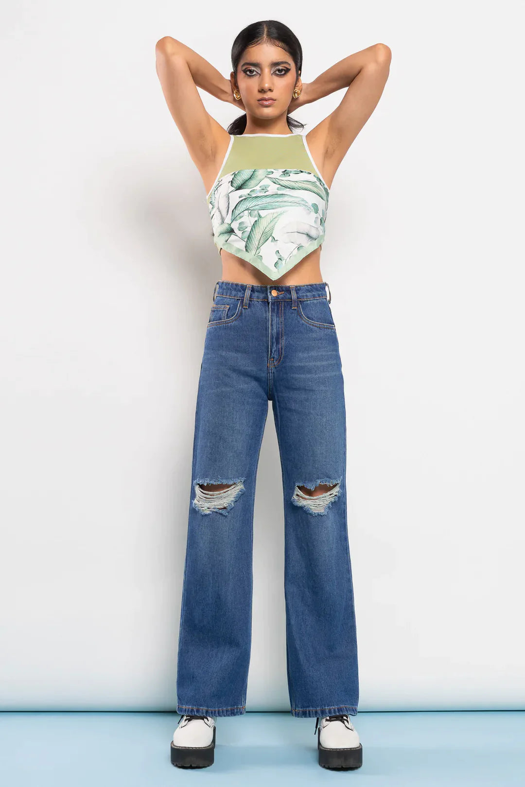 Ripped High Waist Blue Denim( Wide Log)