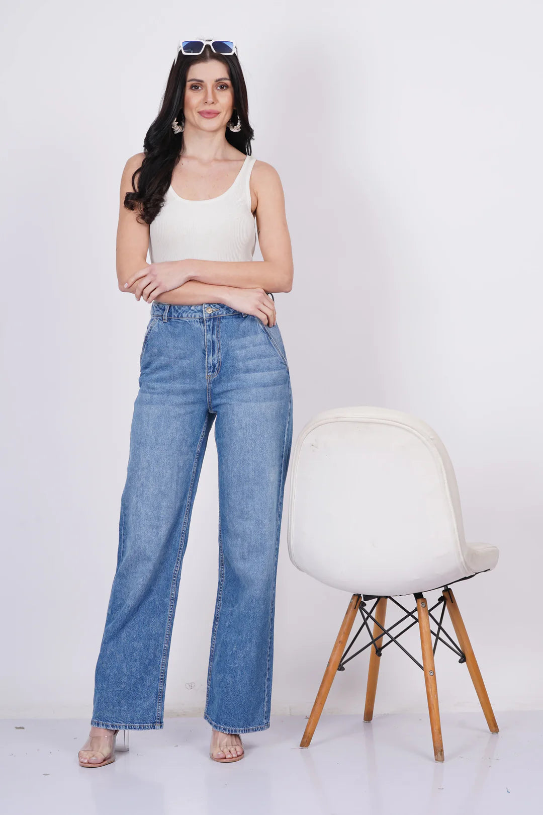 Whisker Mid Blue Denim( Wide Leg)