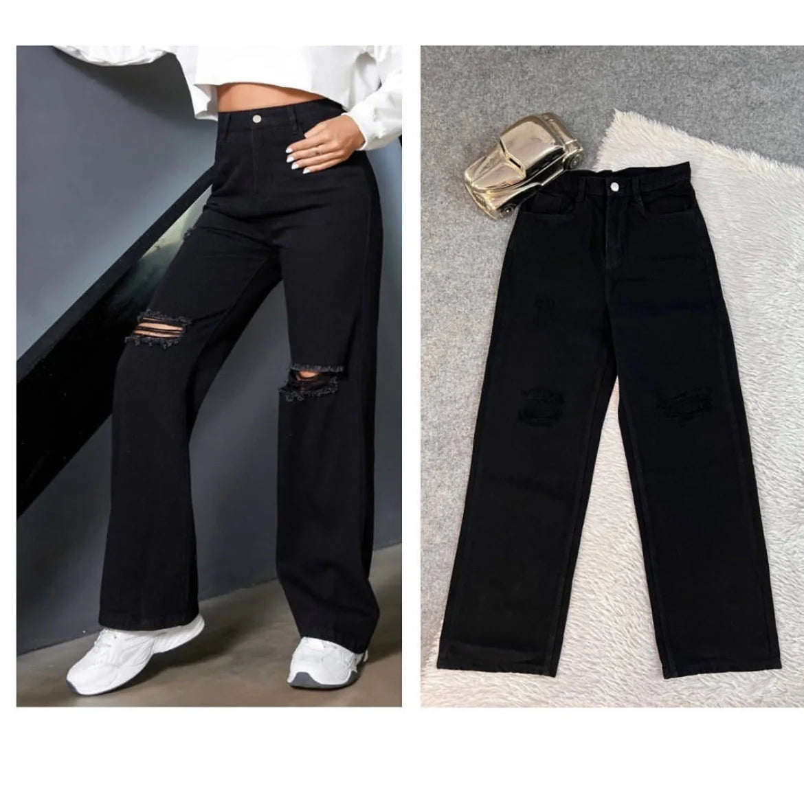 Black Knee Cut High Waist Denim (Wide Leg)