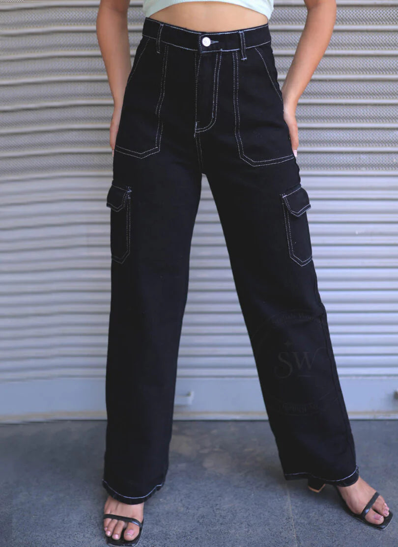 White Stitch Black Denim Cargo