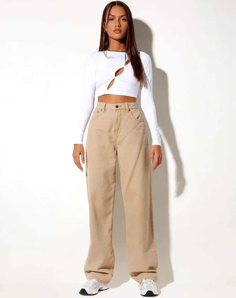 Beige Wide Leg High Waist Jeans