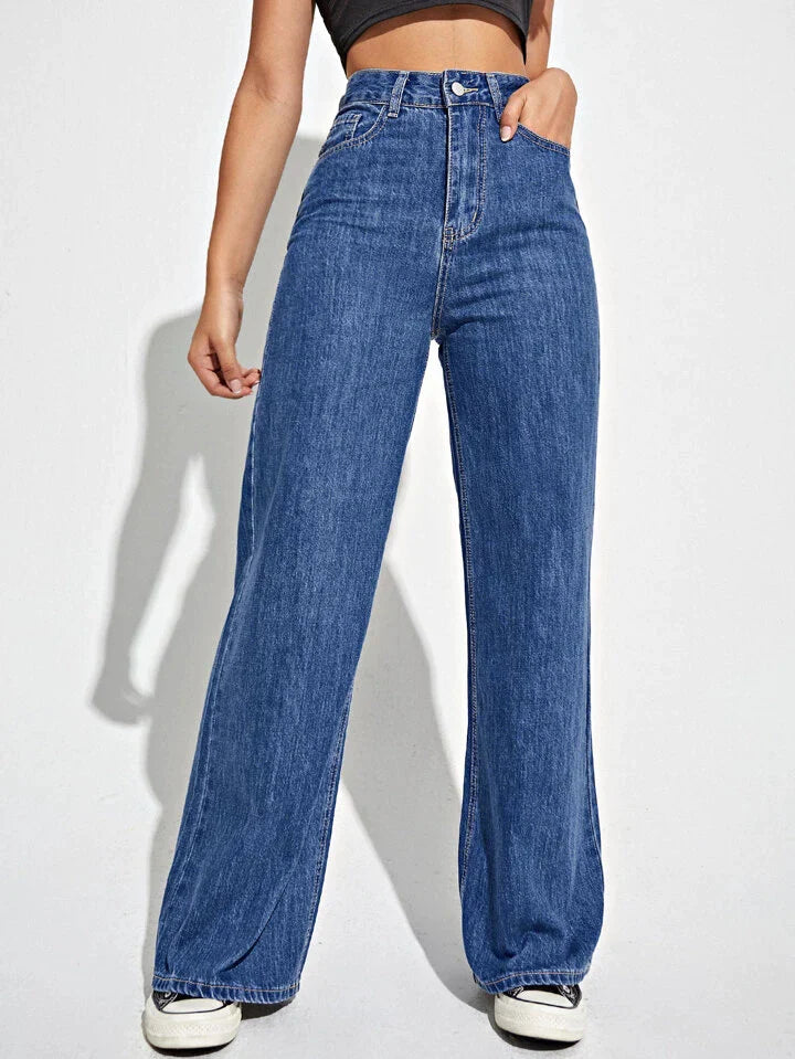 Dark Blue Slant Pocket High Waist Denim (Wide Leg)