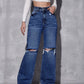 Dark Blue High Waist Ripped Jeans (Wide Leg)