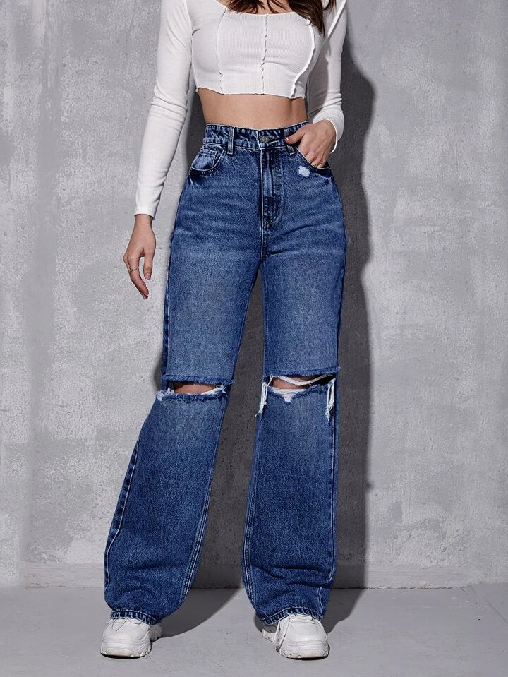 Dark Blue High Waist Ripped Jeans (Wide Leg)