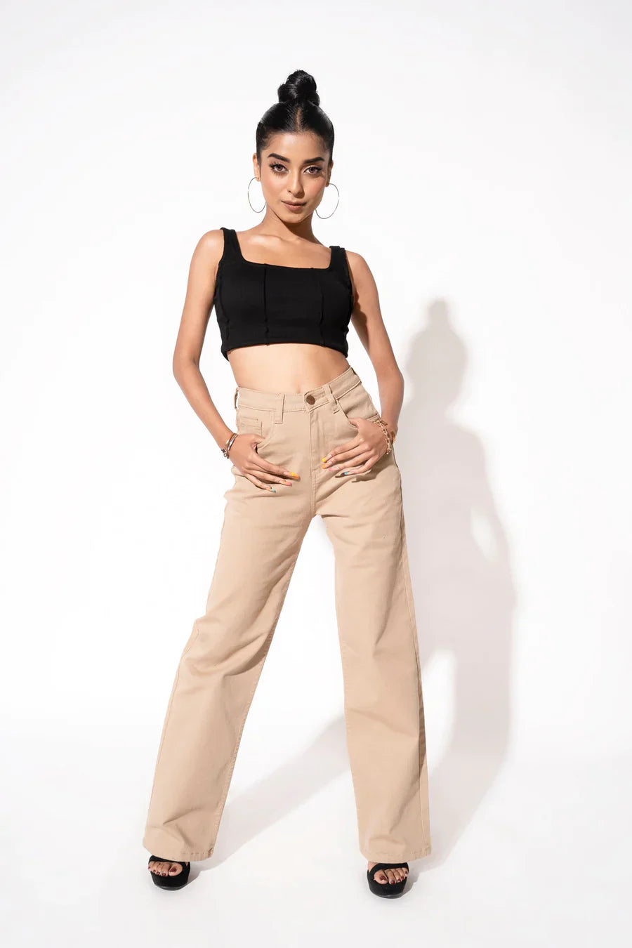 Beige Straight Fit High Waist Jeans