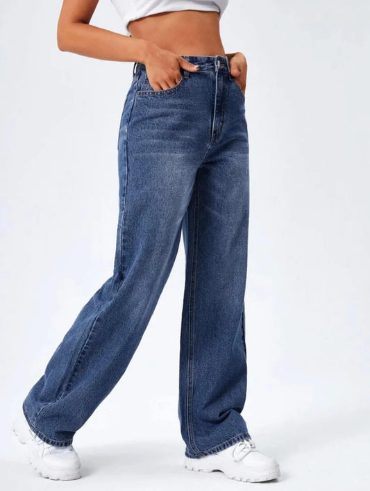 Whisker Dark Bue High Waist Denim ( Wide Leg)