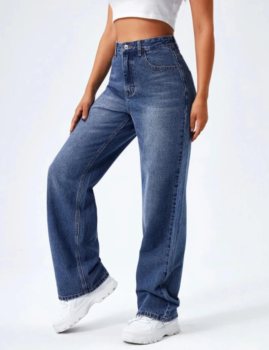 Whisker Dark Bue High Waist Denim ( Wide Leg)