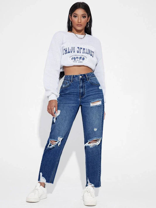 Dark Blue Ripped Mom Jeans