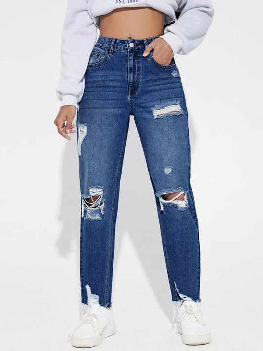 Dark Blue Ripped Mom Jeans