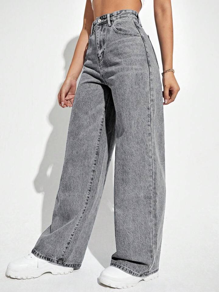 Dark Blue Slant Pocket High Waist Denim (Wide Leg)